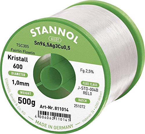 Stannol 811014 FLOWTIN TSC305 Fairtin Kristall 600 Lötdraht, 1mm Durchmesser, 500g Spulen