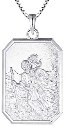 FJ Heiliger Christophorus Kette Damen Herren 925 Sterling Silber Heiliger Christophorus Anhänger Halskette St Christopher Schmuck für Frauen Männer 20 Kette (Quadratisch)