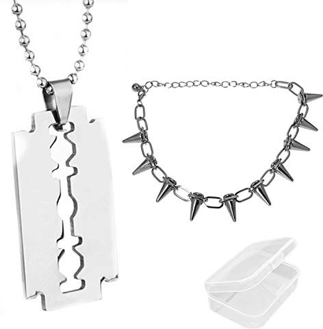 PPX 2 Stück Maenner Edelstahl Rasierklinge- Anhaenger Ketten Halskette und Metal Spikes Bolzen Nieten Punk Goth Halskette Choker Kragen für Damen Hip-pop,mit Aufbewahrungsbox