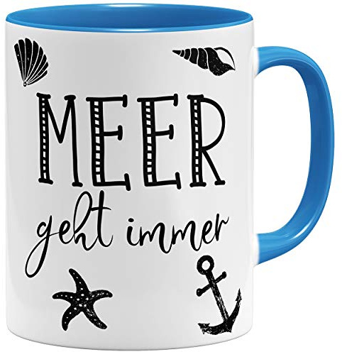 OM3® Meer geht Immer Kaffee-Tasse - Keramik Becher - 11oz 325ml - Beidseitig Bedruckt - Hellblau