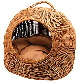 MyBer® Katzen Hunde Kleintier Häuschen Liege Katzenkorb Katzenhöhle Weidenkorb Transport Box Korb aus Weide mit Kissen geflochten K5-081-SB
