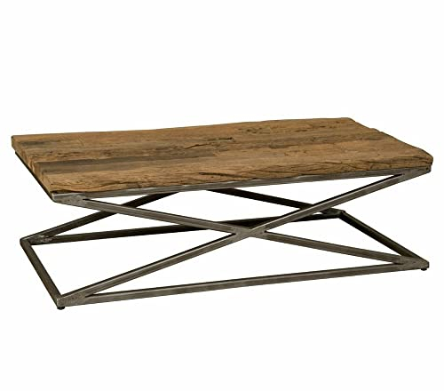 dasmöbelwerk Couchtisch Massiv Industrial Teak-Holz Railway Metall Wohnzimmer-Tisch 130 cm