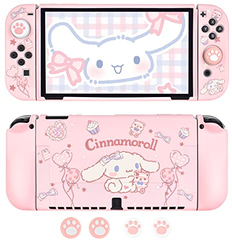 DLseego Housse de Protection pour Switch OLED, Housse TPU avec 4 Poignées de Pouce, Absorption des Chocs et Design Anti-Rayures, Accessoires pour Switch OLED2021 - Rose Chien des Nuages