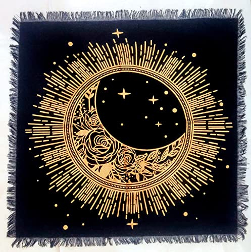 INDACORIFY Altar-Tischdecke mit Fransen Alter Tarot Hexerei Spread Tischdecke Meditations-Spirituelles heiliges Tuch 18 x 18 Zoll (Goldener Blumen-Mondstern)