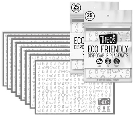 THEO'S Eco-Friendly Disposable Stick on Placemats | 50 Pack | 12 x 18 | in Re-usable Pouch | Restaurant and Travel | Baby Led Weaning Supplies