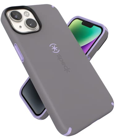 Speck Schutzhülle für iPhone 14 & iPhone 13 – Schlanke Handyhülle mit Fallschutz, Kratzfest mit weicher Haptik für 6,1 Zoll iPhones – zweilagige Hülle, wolkiges Grau/Frühlingslila CandyShell Pro