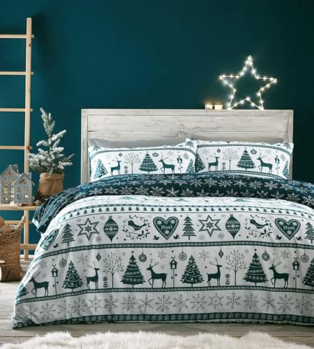 Homemaker Bedding Weihnachts-Bettwäsche-Set, blaugrün, weiß, Rentiere, Hirsch, Herzen, Weihnachtsbäume, festlicher Bettbezug (Doppelbett)