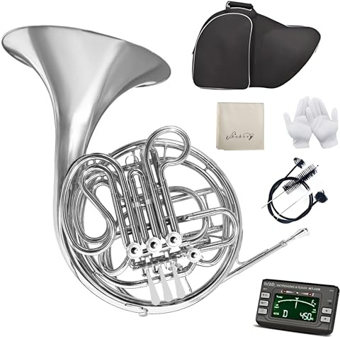 Double French Horn F/Bb 4 Keys Nickel Plated&Gold Lacquer with Case, Mouthpiece & Cleaning Kit - for Beginner & Intermediate Players (Sliver)…