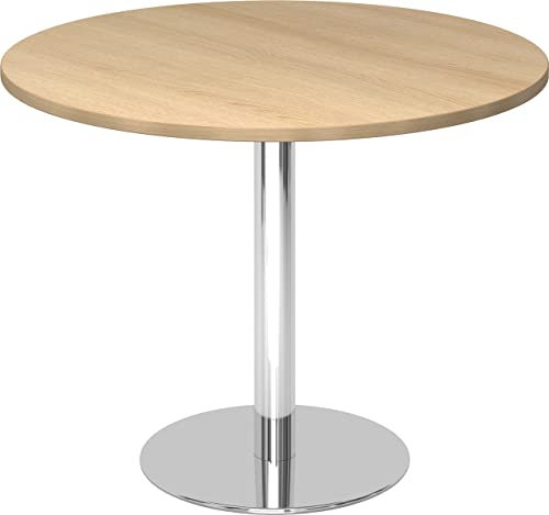 bümö Besprechungstisch, Esstisch klein, Tisch rund 100 cm - Kleiner Esstisch Eiche, Rundtisch Esstisch 2 Personen mit Holz-Platte, Säule aus Metall verchromt, Konferenztisch, Bistrotisch