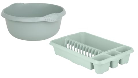 Set of 2- High Grade Plastic Kitchen Medium Dish Drainer with 28cm Round Washing Up Bowl Plate Rack Draining Board Tray Stand Sink Holder Kitchen Organiser (Silver Sage)