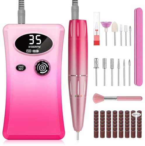Urbuti Ponceuse pour Ongles Professionnelle, 35000 RPM Portable Rechargeable Lime à Ongle avec 12 Embouts et Affichage LCD, Vitesse Réglable Puissante pour Manucure et Pédicure (Rose Dégradé)