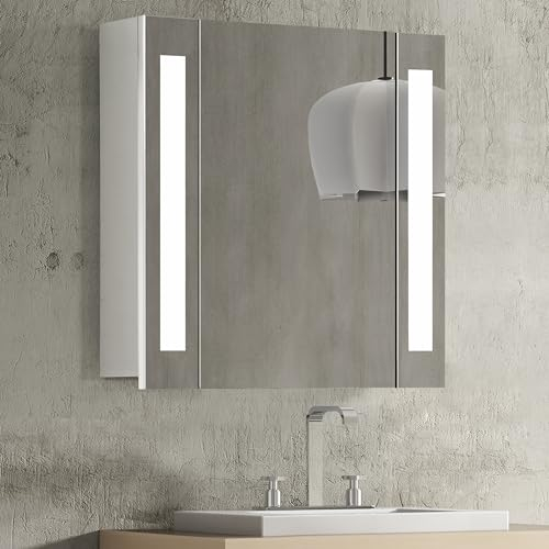 HAPA Design Badspiegelschrank mit Beleuchtung 60 x 60 x 16,5cm. Einfache Montage, in der EU produziertes Qualitätsprodukt, tauschbares LED Licht, Steckdose und Schalter, weiß