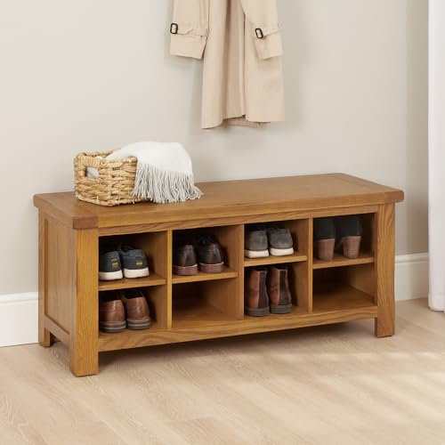 The Furniture Market Rustic Oak Hallway Shoe Storage Bench – Solid Wood Shoe Rack with Adjustable Shelves & Seating – Fully Assembled Entryway Boot Room Organizer - H 500 x W 1180 x D 430mm