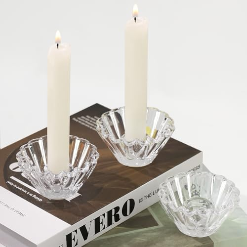 HofferRuffer Kerzenhalter Glas Kerzenständer Stabkerzen, 3er Klar Stabkerzenhalter für Hochzeit Party Tischdeko DEK