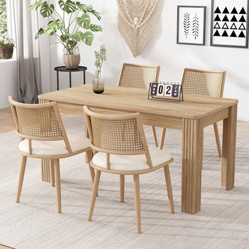 Merax Esszimmerstühle 4er-Set, Küchenstühle mit PU Sitz und Rattan Rückenlehne, Polsterstuhl für Esszimmer, Wohnzimmer und Schlafzimmer, Metallbeine, Beige