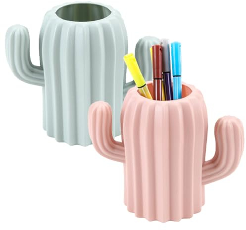 Dtoterul Pot à Crayons 2 Pièces Porte-stylos Forme de Cactus Porte Stylo de Bureau Porte Pot Organisateur Forme de Cactus Pot à Crayons Pot Stylo Bureau Pot a Pinceau de Maquillage (Rose, Vert)
