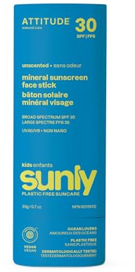 ATTITUDE Mineral Face Sunscreen Stick for Kids, SPF 30, EWG Verified, Plastic-Free, Broad Spectrum UVA/UVB Protection with Zinc Oxide, Dermatologically Tested, Vegan, Unscented, 0.7 Ounce