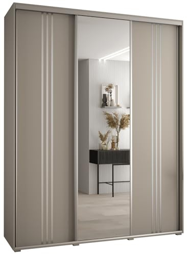 MEBLE KRYSPOL Dakota 7 Schrank mit DREI Schiebetüren - Moderner Kleiderschrank mit Spiegel, Kleiderstange und Regalen - 235,2x200x45cm - Kaschmir Silber