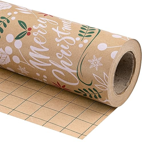 RUSPEPA Kraft-Weihnachts-Geschenkpapier – Mini-Rolle – 43,2 cm x 10 m – „Frohe Weihnachten“-Schriftzug mit Weihnachtsblättern-Design für Weihnachten, Feiertage, Partys