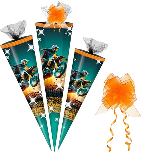 alles-meine.de GmbH Schultüte - mit 3D Glitzer - Effekt ! - BMX Motocross - Motorrad - 50-85 cm - Größe wählbar - inkl. Tüll Schleife - Zuckertüte - Tüll Abschluß - eckig/Run..