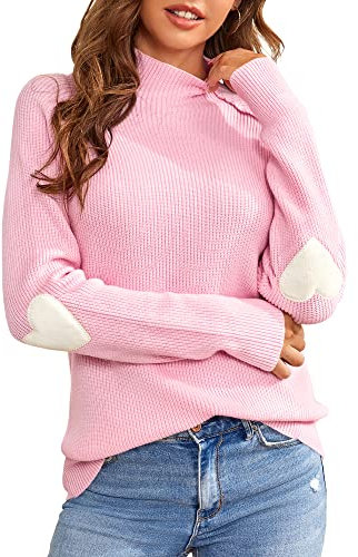 Saodimallsu Strickpullover Damen Herzform Lässig Rollkragenpullover Herbst Winter Pulli Grobstrick Sweater, Rosa, M