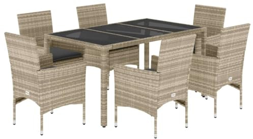 vidaXL Ensemble à Manger de Jardin 7 pcs Avec Coussins en Rotin et Verre - Table et Chaises d'Extérieur