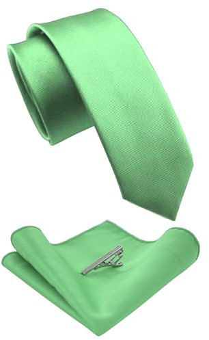 JEMYGINS Schmale Herren Krawatte und Einstecktuch krawattenklammer Set 6cm Mintgrün 2