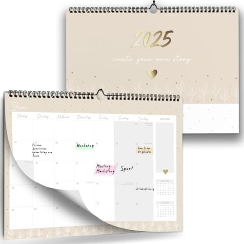 Kalender 2025 Wandkalender I Monatskalender A4 mit Kästchen I A4 Querformat I Geeignet für Paare, Singles oder Familien I Beige I Perfekt als Familienplaner, Monatsplaner für Zuhause oder Büro...