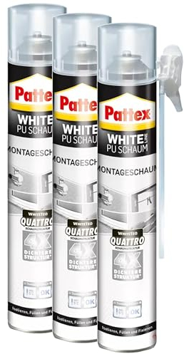 Pattex White Line Montageschaum, reinweißer PU-Schaum zum Füllen, Dämmen, Ausschäumen und Isolieren, Bauschaum mit hoher Wärme- und Schalldämmung, 3x750ml Dose
