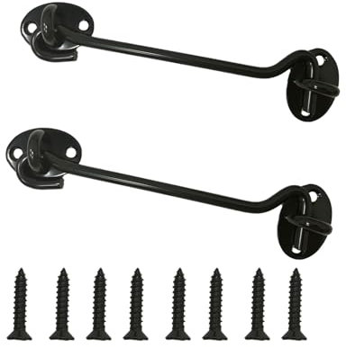 BINJCE 2 ganci tempesta in acciaio inox con occhielli, piccoli ganci per finestra in legno, persiane, in legno, per cancello da giardino, con 8 viti di montaggio (10 cm nero)