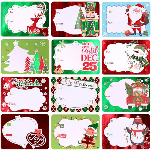 HOIIOH 96 Foil Christmas Tag Stickers – Self-Adhesive ‘to & from’ Xmas Name Labels, 12 Festive Designs for Wrapping Paper, Santa Presents & Holiday Packaging (Large 3 x 2.2 Inch)