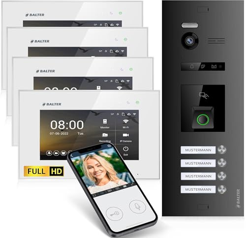Balter EVO-HD Video Türsprechanlage mit Fingerprint, Video Türklingel, Smartphone App, 4 Familienhaus, 4X 7 Zoll Monitore, Türklingel mit Kamera Full HD, 2 Draht Bus, 175° Weitwinkel, RFID,1080P