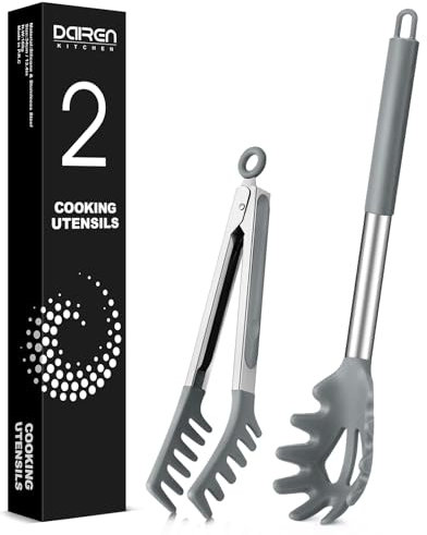 Spaghetti Spoon and Pasta Tong, Non-Stick Silicone Spoon Server Fork with Teeth and Stainless Steel Handle Spaghetti Tong, Food Clip for Spaghetti Noodle (Grey)