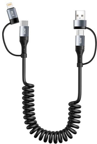 4 in 1 Cavo Lightning Spirale 1.2m Cavo USB C Caricabatterie retrattile per iPhone con sincronizzazione dati certificato Carplay e Android Auto per iPhone 15 14 13 12 11 Pro Max Xs Xr X 8 7 6 Plus SE