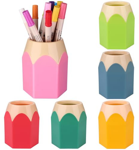 ULELE 6 Pcs Plastic Pen Vase and Pencil Pot - Shaped Holder, Cup, Storage Organizer - Colorful Creative Tip Design for Students, Office, School