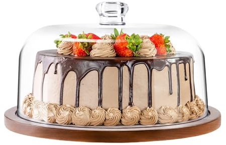 Eidoct Cake Stand, Cake Plate Server Platter with Dome, Acacia Wood and Shaterproof Acrylic Lid, Veggie Tray, Fruit Bowl, Donut Stand, Nachos Plate