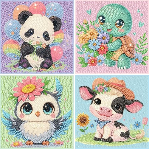 4er Set 5D Diamond Painting Kinder Tiere-Set Full Diamant Painting Bilder Tiere,DIY Mosaikherstellung Basteln Mädchen Junge 6 7 8 9 10 11 12 Jahre,Geschenk Kinder Ab 6 Jahre 15x15cm