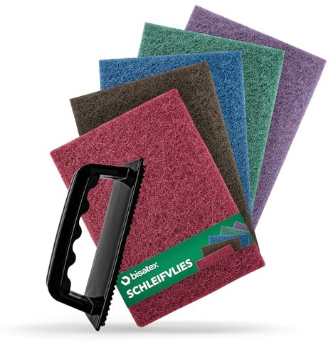 BISATEX® Schleifvlies 5er Set verschiedene Körnungen P100-800 - Langlebige & zuschneidabre Schleifpads in 155 x 210 mm (5er Ser Schleifvlies + Halterung)