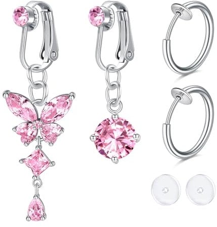 incaton Faux Piercing Nombril Acier Chirurgical Zircon Faux Percing au Nombril Pendentif Ronde CZ Papillon Forme de Cœur Argent Piercing Nombril Clip Hoop Pour Les Femmes Les Filles