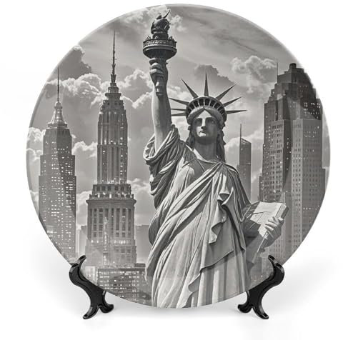 JTKLQBN Statu of Liberty bedruckter dekorativer Teller aus Knochenporzellan mit Präsentationsständer, Keramik-Wanddekoration, Teller, Porzellangeschirr, Speiseteller, Kunsthandwerk Keramikornamente,