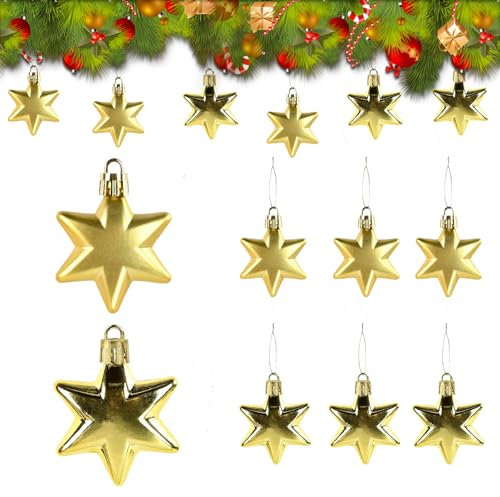 Christbaumschmuck Gold, 12er-Set Christbaumschmuck Gold Stern-Anhänger mit Lanyards, Goldene Weihnachtskugeln Plastik Klein, Christbaumkugeln Gold Glänzend, Perfekt für Weihnachtsbaum Deko