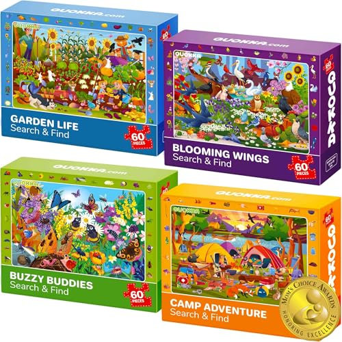 QUOKKA Jigsaw Puzzles For 3 4 Year Olds - 4x60 Jigsaws for Children Age 5 6 - Search & Find Kids Puzzles For Learning Birds and Flowers - Bugs and Flies - Garden Life - Gift Toy for Boys & Girls 7-8