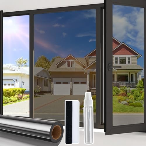 Beautysaid Heat Reflective Window Film Privacy One Way, Black 44.5x400cm | Sun Blocker Mirror Window Tint With Tools, UV Solar Blocking Anti Glare Static Cling Tenant-friendly House Doors Home Cover