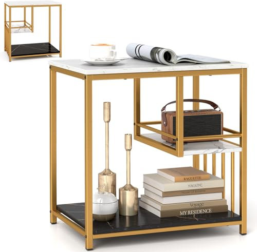 LIFEZEAL Table d'Appoint Effet Marbre, Bout de Canapé avec 3 Étagères, Effet Marbre, Petit Table Console pour Salon, Design Moderne, 60x40x60,5 cm, Or+Blanc
