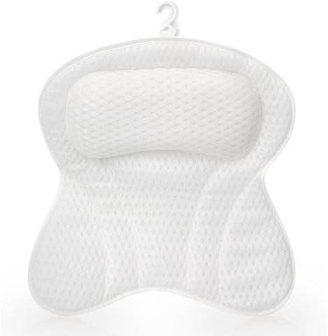 Bath Pillow, Non-Slip Bath Cushion for Head And Neck 4D Bathtub Pillow Air Mesh Headrest Cushion with Suction Cups Fits All Bathtub Spa (White)