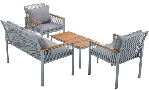 Idemon Gartenlounge-Set, Gartenmöbel Set mit bequemem Kissen, Doppelsofa,2 Sessel und Tisch, Outdoor, Rattan, Tisch und Stühle, grau
