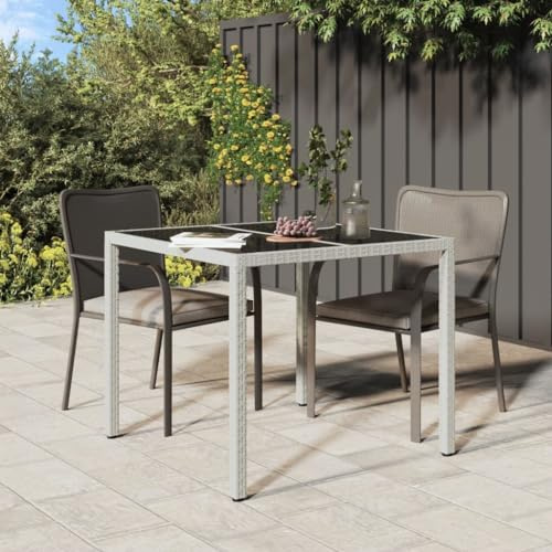 JHQHSM Table de jardin, table de jardin, table de balcon, table de terrasse, table à manger, pour terrasse, bistrot, jardin, balcon, 90 x 90 x 75 cm, en verre trempé, polyrotin blanc