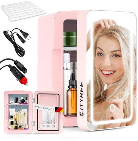 Mini Kühlschrank Fridge 6L - Kühlschränke Klein 12V 230V Läuft Leise mit Spiegel&LED-Beleuchtung - Skincare Kühlschrank für Kosmetik Schönheitspflege-Kosmetik Kühlschrank Ideal für Auto (Rosa)