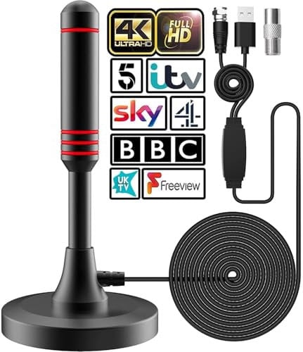 2025 Newest HDTV Aerial - Indoor TV Aerial for Smart TV with Signal Booster - Digital TV Aerial for Freeview TV 800 Miles Long Range Support 4K 1080P -With Magnetic Base / 16.5FT Coax Cable