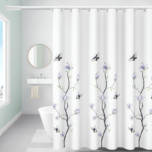 Lerores Duschvorhang 180x200 cm Blumenbäume, Beschwerter Saum Antischimmel Textil, Wasserabweisend, Waschbar Polyester Badevorhänge mit Ösen und 12 Duschvorhangringe für Badezimmer, Badewanne